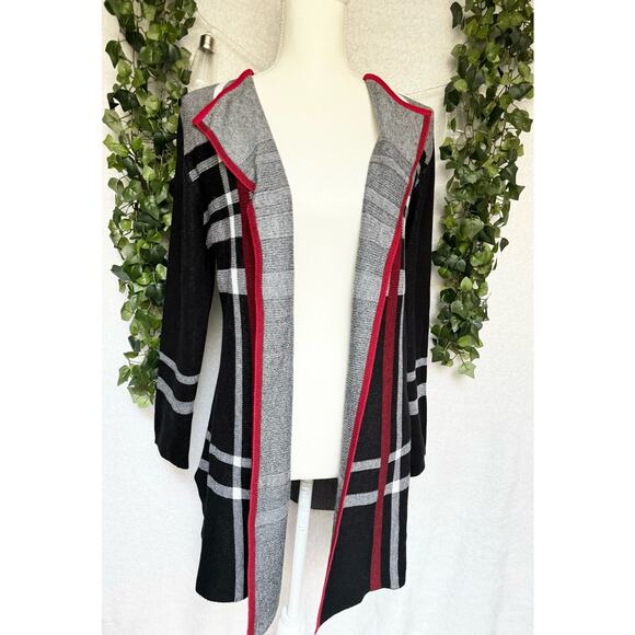 Anne Klein Cotton Acrylic Blend Black White Red Plaid Open Cardigan Sweater - Picture 3 of 12